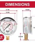 Front and side view of Industrial Pressure Gauge With Two And A Half Inch Dial, A Real Workhorse, Liquid Filled Brass Internals In A Stainless Steel Case, Dual Scale 0 To 5000 PSI And KPa, 1.5 Percent Accuracy, Quarter Inch NPT Bottom Mount, Glycerin Filled with dimensions.