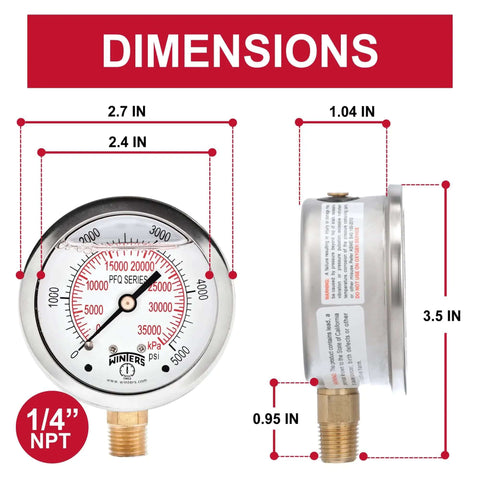 Front and side view of Industrial Pressure Gauge With Two And A Half Inch Dial, A Real Workhorse, Liquid Filled Brass Internals In A Stainless Steel Case, Dual Scale 0 To 5000 PSI And KPa, 1.5 Percent Accuracy, Quarter Inch NPT Bottom Mount, Glycerin Filled with dimensions.