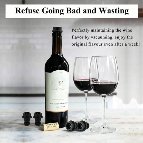 Wine bottle with vacuum stopper, two glasses of wine, silicone stoppers; Keep Wine Fresh Up To 7 Days With This Reusable Vacuum Pump