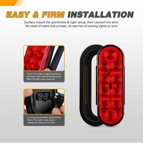 6 Inch Oval Trailer Tail Light 2 Pack With 10 LED Red Stop Brake Turn Signals Surface Mount Grommets And Plugs IP67 Waterproof