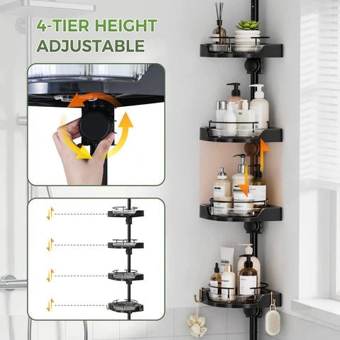 No Sweat Setup 360 Degree Rotating Shower Caddy Tension Pole With Four Tier Rustproof Corner Shelf adjustable height for toiletries