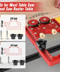 Upgraded 2 In 1 Feather Board Jig With Anti Kickback Roller showing fit for table saws, router tables, band saws, 3/8 T-slots.