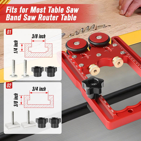 Upgraded 2 In 1 Feather Board Jig With Anti Kickback Roller showing fit for table saws, router tables, band saws, 3/8 T-slots.
