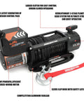 Huge 13500 Lb Electric Winch Cranks Out Massive Power For Truck Recovery With Fast 6.4 Horsepower Motor And Durable Waterproof Synthetic Rope, showcasing gear system and aluminum fairlead.