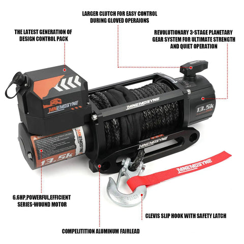 Huge 13500 Lb Electric Winch Cranks Out Massive Power For Truck Recovery With Fast 6.4 Horsepower Motor And Durable Waterproof Synthetic Rope, showcasing gear system and aluminum fairlead.