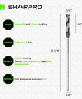 SHARPRO 1/8 in end mill, side view; 2-flute carbide square endmill with AlCrN coating, 1/8 in shank