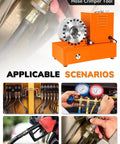 Pro Grade Electric Hydraulic Hose Crimping Machine With Eight Heavy Duty Dies, shown in garage setting with fuel lines.