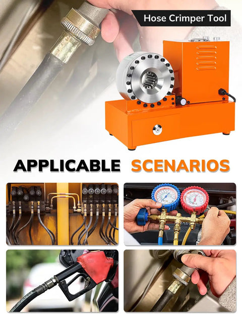 Pro Grade Electric Hydraulic Hose Crimping Machine With Eight Heavy Duty Dies, shown in garage setting with fuel lines.