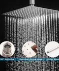 12 Inch Ceiling Mount Brushed Nickel Shower System with rain shower head showing adjustable, easy clean nozzle details, and ceiling mount