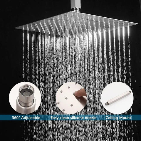 12 Inch Ceiling Mount Brushed Nickel Shower System with rain shower head showing adjustable, easy clean nozzle details, and ceiling mount