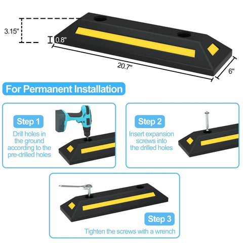 Installation guide for 2 Pack Rubber Parking Blocks With Reflective Stripes Heavy Duty Garage Wheel Stoppers Car Park Wheel Chocks For Truck RV Trailer SUV Parking Lot Curb Guide Weather Resistant All Weather Performance