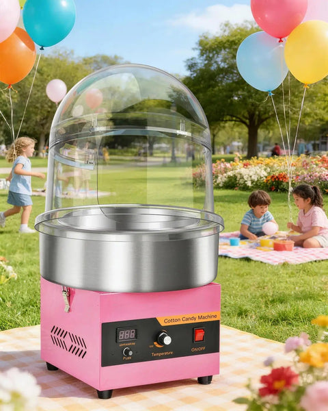 15 Inch Cotton Candy Machine Cover With Transparent Acrylic Dome For 15 Inch Bowls at an outdoor party setting with balloons