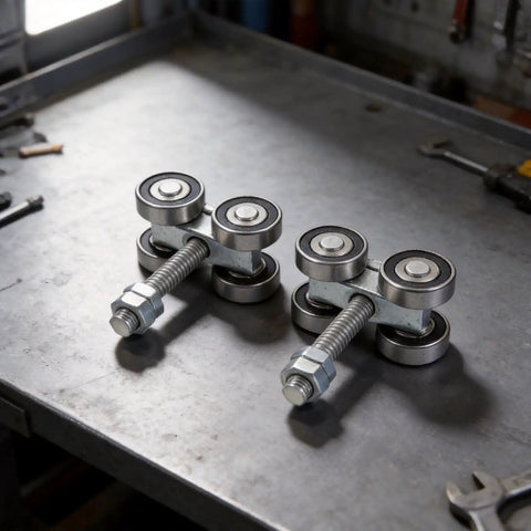 Heavy Duty 4 Wheel Trolley Assembly Rollers With Rust Resistant Galvanized Body High Carbon Steel Core on a metal table.