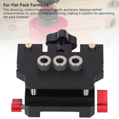 Self Centering Doweling Jig Kit With Aluminum Alloy Body For Woodworking Projects And Flat Pack Furniture Assembly Automatic Dowel Jig With Three In One Drill Bit Locator And 6mm 8mm 10mm Bits For Precise Pocket Holes, showing jig front view on wood surface.