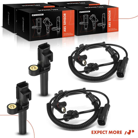 Complete Set Of Four Front And Rear Abs Wheel Speed Sensors For Dodge Ram 1500 2010 To 2012 showing connectors and wiring.