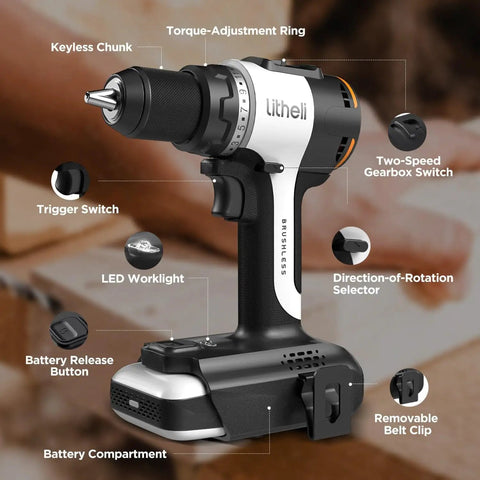 Beast Brushless Cordless Drill Driver With 530 Inch Pounds Torque Seventeen Plus One Clutch Settings on table