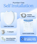 Non Electric Elongated Bidet Toilet Seat Plug And Play Self Cleaning Wash Nozzles with flexible hose, T-adapter, installation guide.