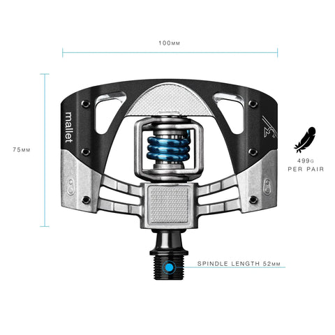 Mallet 3 Clip In MTB Pedals With Four Sided Entry For Mud Shedding, featuring dimensions and weight, shown in black and silver.