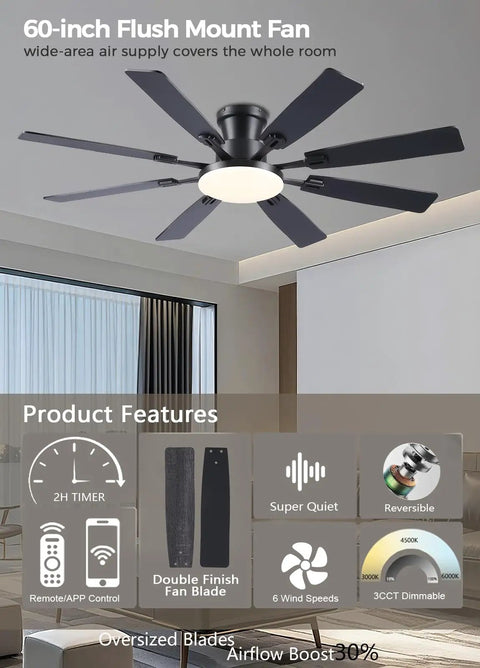 Black 60 Inch Ceiling Fan With Lights And Remote Control installed in a modern room, showcasing dual finish blades and LED light