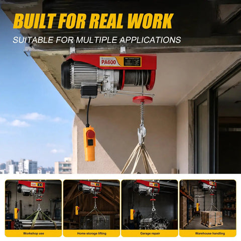 1320 Lbs Powerful Mini Electric Hoist With 1200W 110V Winch Crane mounted for garage lifting equipment demonstration.