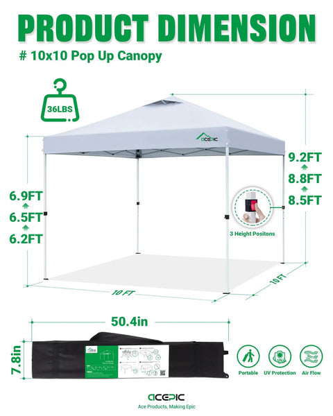 Diagram of 10x10 Pop Up Canopy Tent With One Push Instant Setup showing dimensions and wheeled bag, white color, ideal for outdoor events.