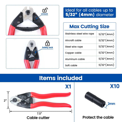 Red Beefy Heavy Duty Stainless Steel Cable Cutter For Wire Rope Up To 0.156 Inch with safety lock and cutting sizes details