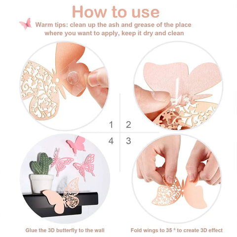 Step-by-step guide for applying 144 Piece 3D Butterfly Wall Stickers Set With 3 Styles For DIY Decor Removable Wall Decals