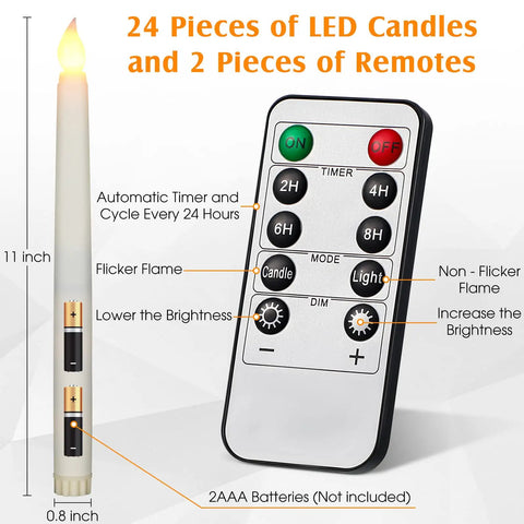 11 inch ivory flameless LED taper candle with remote control, featuring timer and dimmable options, 24 Pack Flameless Taper Candles With Remote And Timer, 11 Inch LED Battery Operated Candles With 3D Flickering Flame, Dimmable, Ideal For Wedding Table Centerpieces And Home Decor, Ivory.