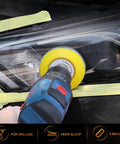 Headlight Restoration Kit With 3 Easy Steps To Fix Sun Damaged Lights, electric drill with yellow pad on headlight
