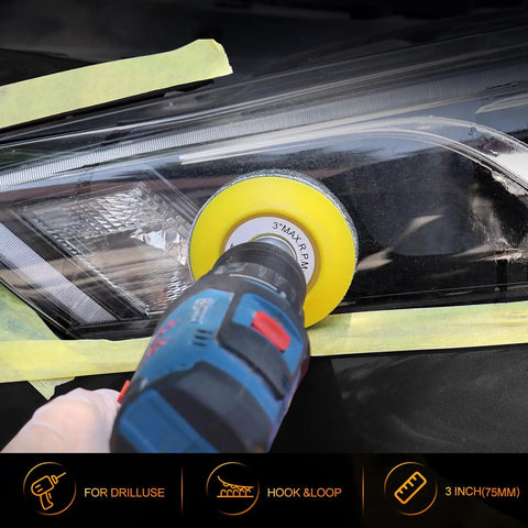 Headlight Restoration Kit With 3 Easy Steps To Fix Sun Damaged Lights, electric drill with yellow pad on headlight
