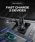 Dual USB C Car Charger 90W Fast Charge With 45W Per Port Across Two USB C Ports PD 3.0 QC 3.0 in car with two cables