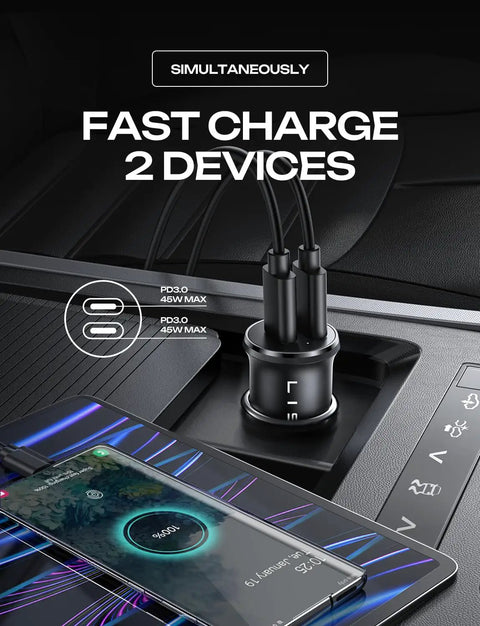 Dual USB C Car Charger 90W Fast Charge With 45W Per Port Across Two USB C Ports PD 3.0 QC 3.0 in car with two cables