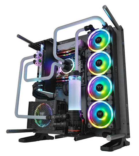 Custom PC build with Riing Trio 12 RGB TT Premium Edition 120mm case and radiator fans 3 pack, showcasing vibrant RGB lighting.