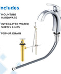 Vaughn Single Handle Lavatory Faucet Chrome Finish with metal body, mounting hardware, water supply lines, and pop-up drain included