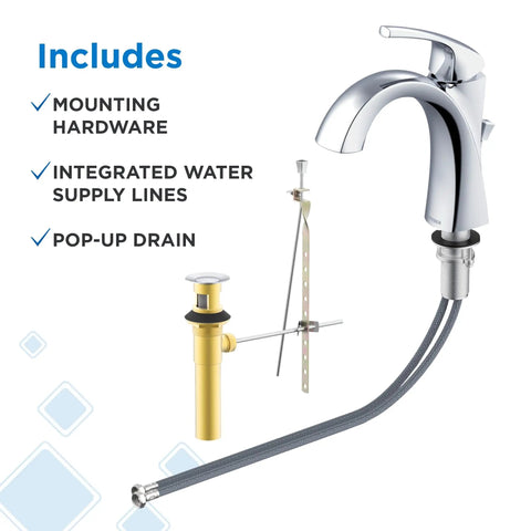 Vaughn Single Handle Lavatory Faucet Chrome Finish with metal body, mounting hardware, water supply lines, and pop-up drain included