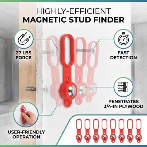 Luocute 8 Pcs Magnetic Stud Finder 27 Lbs, for Nails Screws on wall showing detection of screws and easy-handling design.