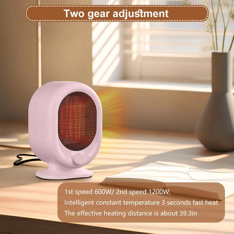 Cozy 1500W Desk Heater With PTC Ceramic Heating, Two Gear Adjustable, Tip Over And Overheat Protection in pink finish