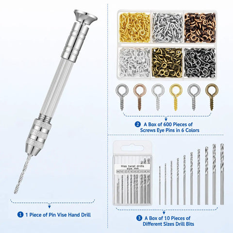 Top Shelf Pin Vise Hand Drill Set With A Dope Stainless Three Jaw Chuck And Ten Precision Drill Bits Ranging From Point Eight Mm To Three Mm Ideal For No Sweat Jewelry Making Resin Casting And Weekend Diy Projects including drill and screw eye pins.