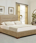 Solid Wood Furniture Risers L Shaped Bed Lifters 3 Inch Couch Feet For Sofa Table 4 Pack with beige upholstered bed frame.