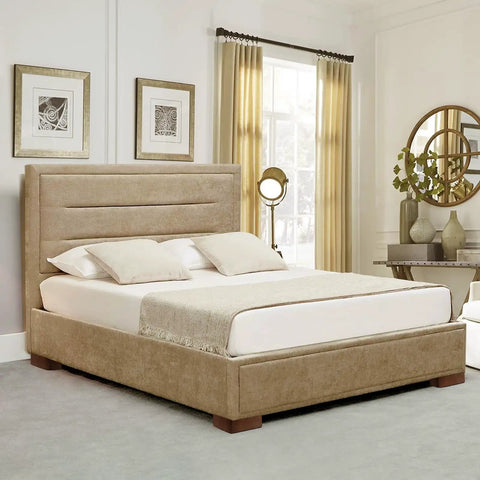 Solid Wood Furniture Risers L Shaped Bed Lifters 3 Inch Couch Feet For Sofa Table 4 Pack with beige upholstered bed frame.