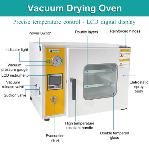 Heavy Duty 0.9 Cubic Foot Vacuum Drying Oven Featuring Pro Grade Pid Temperature Control 12 By 12 By 11 Inch Chamber with LCD display and controls.