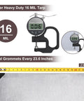Rugged All Weather Heavy Duty Tarp 12 By 16 Ft, 16 mil poly thickness measurement, UV resistant, reinforced grommet detail