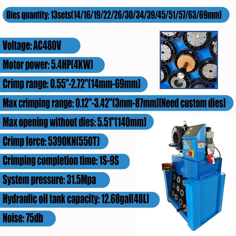 Heavy Duty Vertical Electric Hydraulic Hose Crimping Machine With Rock Solid Alloy Steel Dies And Pro Grade Three Phase Motor for technical specifications.