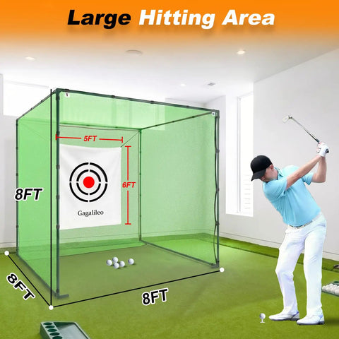 Golfer using Golf Driving Cage Net 8x8x8 Ft Heavy Duty Steel Frame Enclosure For Real Backyard Full Swing Practice indoors.