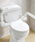 Rock Solid White Toilet Safety Rails With Heavy Duty Non Slip Handles For Seniors And Mobility Aid Bathroom Assist Support Grab Bar easy wipe anti tip design on toilet.