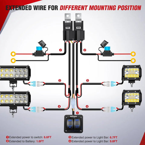 Diagram of 16AWG LED Light Bar Wiring Harness Kit 12V On Off 2 Gang Rocker Switch with power relay and connections.