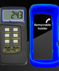 Front view: Digital K-type thermocouple thermometer with four channels and removable blue holster.