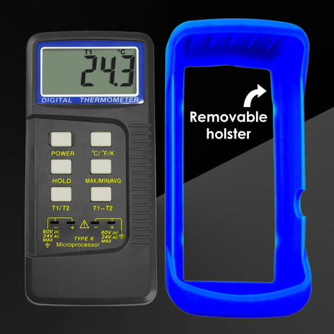 Front view: Digital K-type thermocouple thermometer with four channels and removable blue holster.