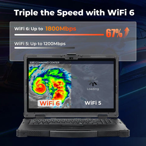 15.6 Inch Rugged Laptop Running Windows 11 Pro showcasing WiFi 6 speed test with weather graphics