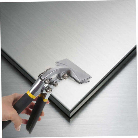 Manual Metal Bender Tool With Straight Jaw, Hand Seamer being used on metal sheet for bending, ideal for tight spaces.